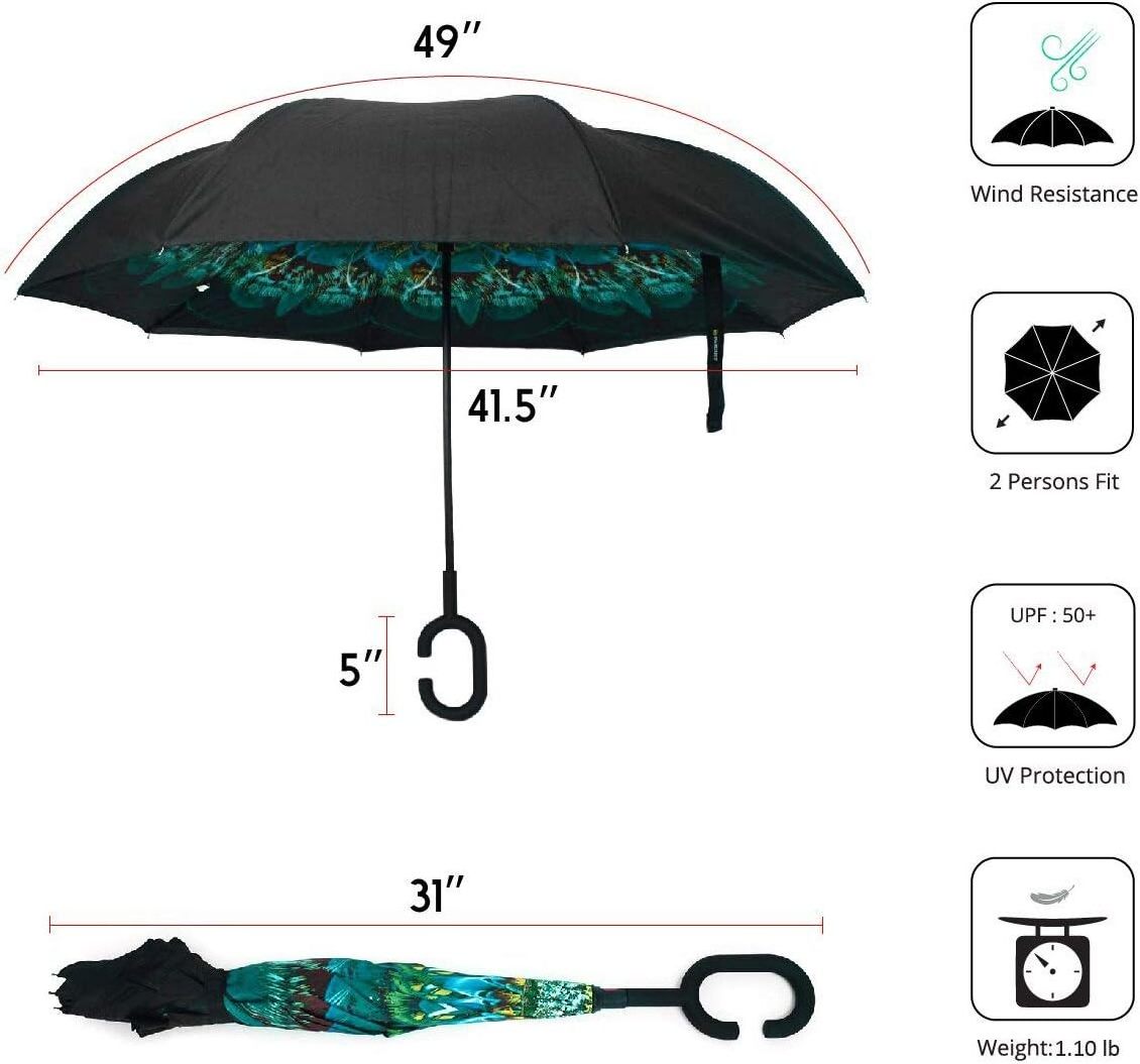 sombrillas Parquet Peacock Double Layer Inverted Umbrellas C Shaped Handle Reverse Folding Windproof Umbrella for Men and Women