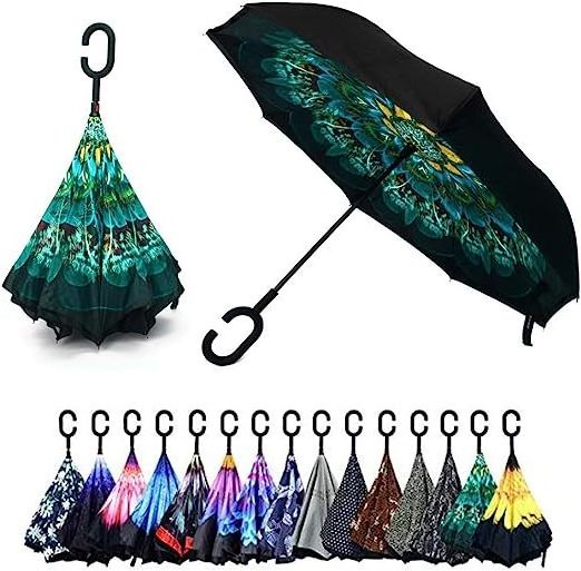 sombrillas Parquet Peacock Double Layer Inverted Umbrellas C Shaped Handle Reverse Folding Windproof Umbrella for Men and Women