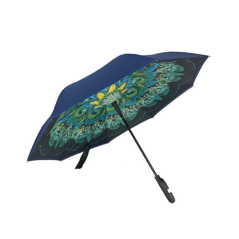 sombrillas Parquet Peacock Double Layer Inverted Umbrellas C Shaped Handle Reverse Folding Windproof Umbrella for Men and Women