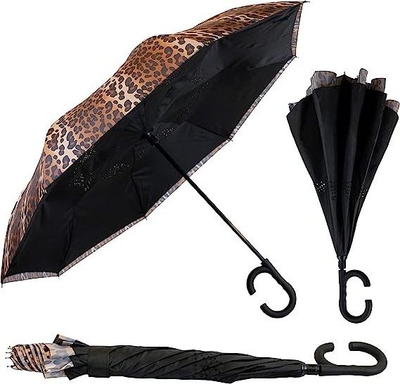 supplier Leopard Reverse Umbrella with C Handle Free Umbrella For Women Windproof Inside UV reverse umbrella with logo