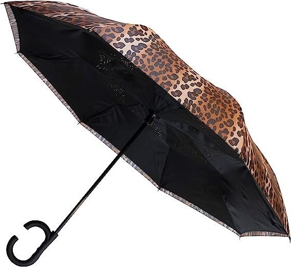 supplier Leopard Reverse Umbrella with C Handle Free Umbrella For Women Windproof Inside UV reverse umbrella with logo