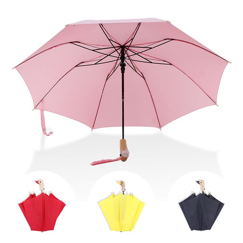 umbrella factory cheap haigh quality  Two-fold duck umbrella solid wood handle with logo prints custom windproof  rain umbrella