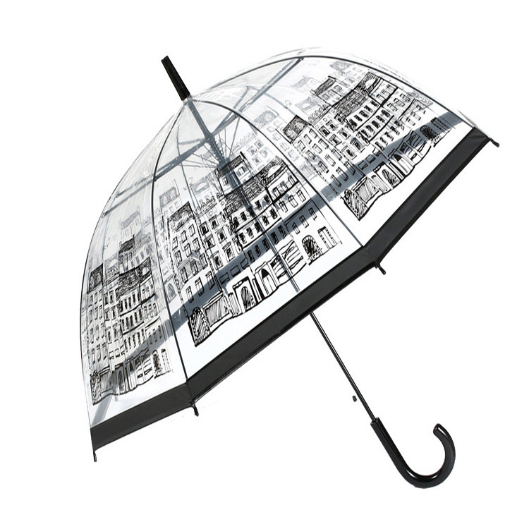 Best seller Creative retro custom umbrella with logo prints plastic pvc clear dome rain transparent umbrella for women