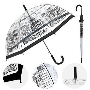 Best seller Creative retro custom umbrella with logo prints plastic pvc clear dome rain transparent umbrella for women