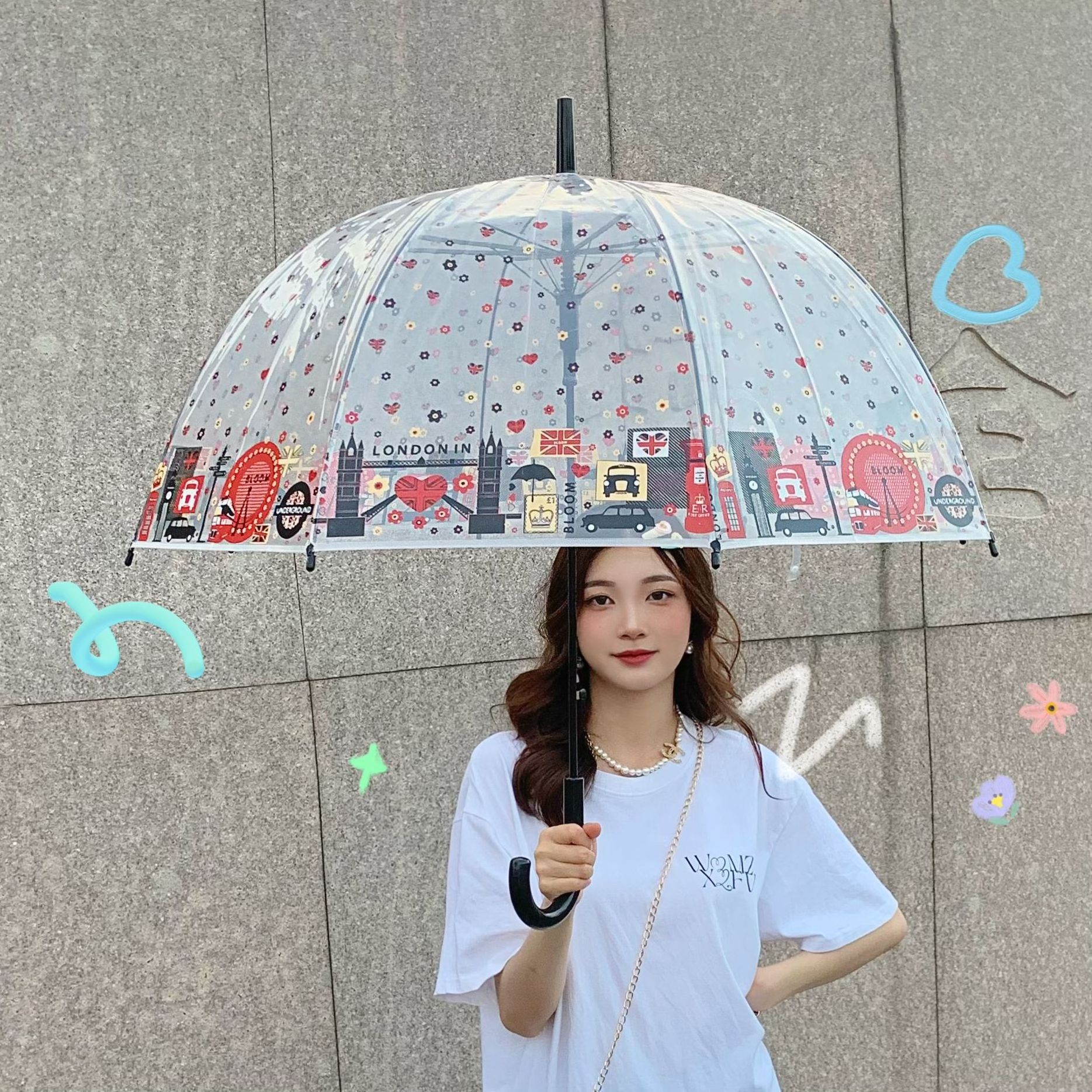 umbrella Factory Custom logo painted pvc clear dome rain Colorful glass long handle automatic straight transparent umbrella