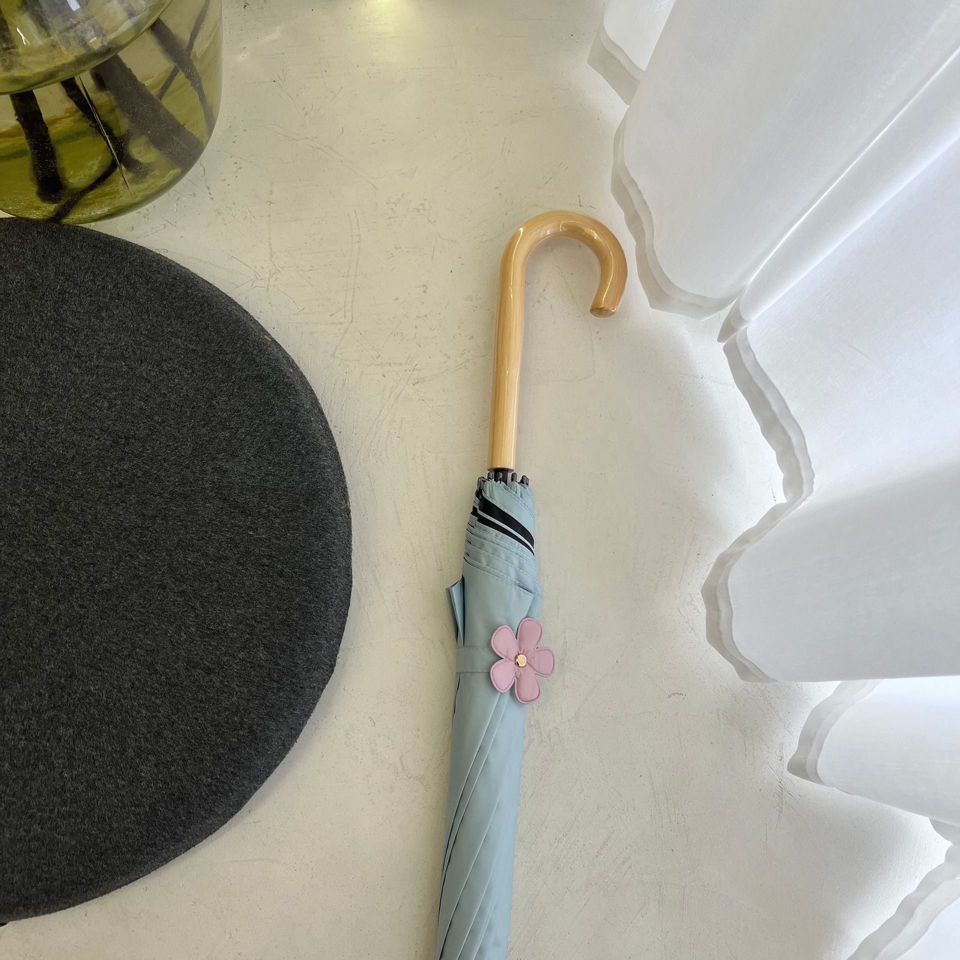 custom Korean flower bud advanced sense straight umbrella long handle wooden curved handle sun windproof straight umbrella