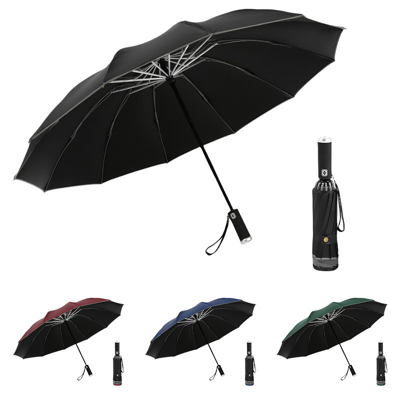 Automatic LED lighting Clear umbrella Reverse flashlight 12 bone umbrella with reflective sun folding umbrella with led light