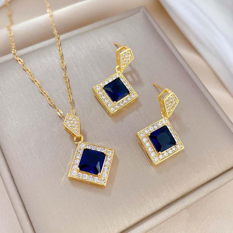 Fashion 18k gold plated stainless steel geometric zircon jewelry sets blue necklace and earring jewelry set for women