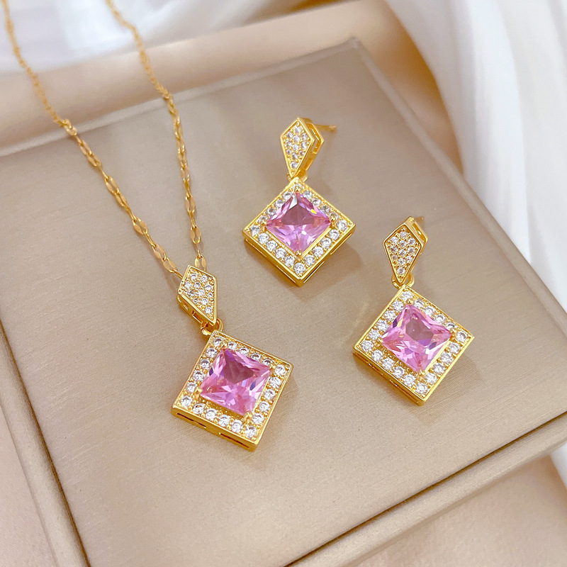 Fashion 18k gold plated stainless steel geometric zircon jewelry sets blue necklace and earring jewelry set for women