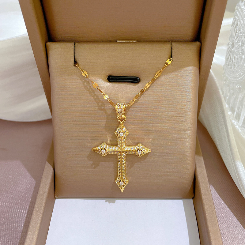 High quality 18k gold plated stainless steel dainty cross necklace jewelry zircon cross pendant necklace for women