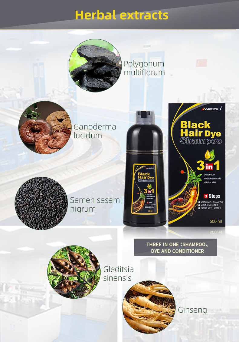 OEM private label wholesale hair care meidu 500ML herbal ppd and ammonia free black dye hair color shampoo