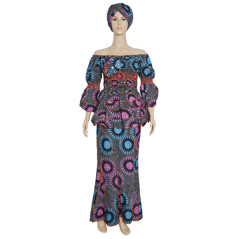 Kitenge dress print african skirt set off shoulder african dresses with headwraps fashion african dresses for women clothing