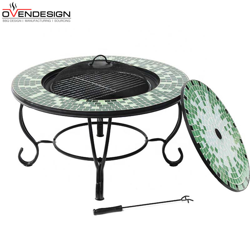 Exquisite Structure Garden Supplies Fire Bowl BBQ Grill Poker Glass Top Table Outdoor Fire Pit With Center Lid