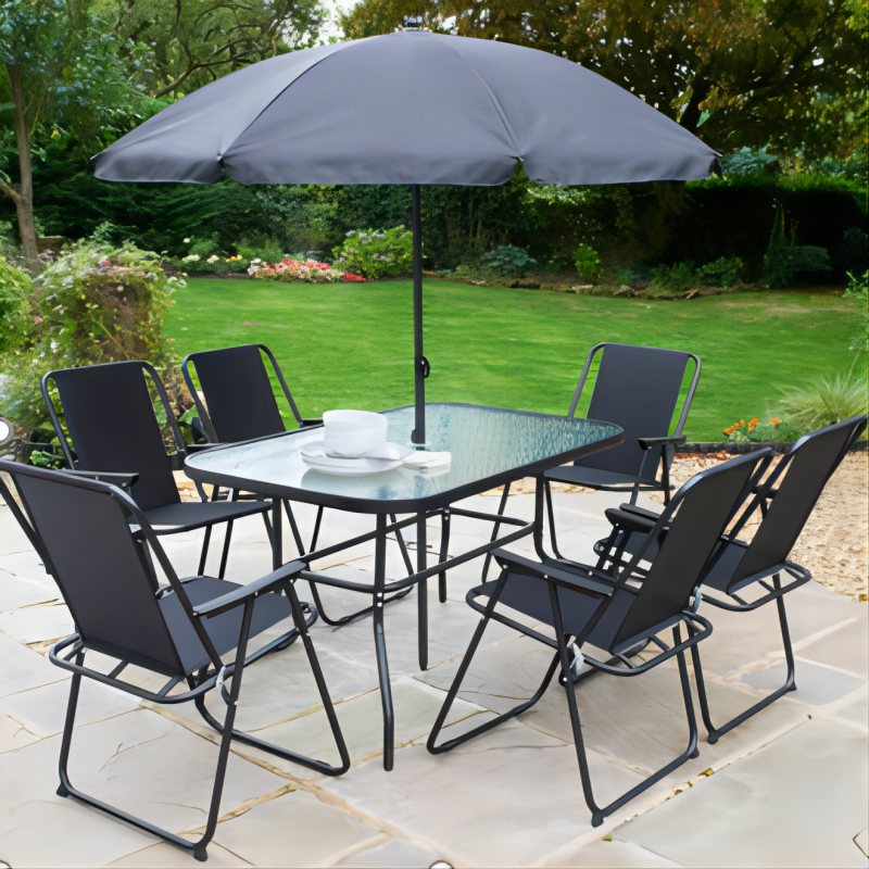 6 Piece Folding Metal Patio Table Chair Set Umbrella Outdoor Dining Garden Furniture