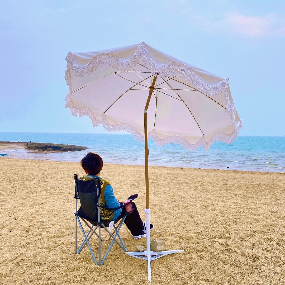 Ovida large outdoor parasol promotional custom logo macrame tassel fringe beach umbrella