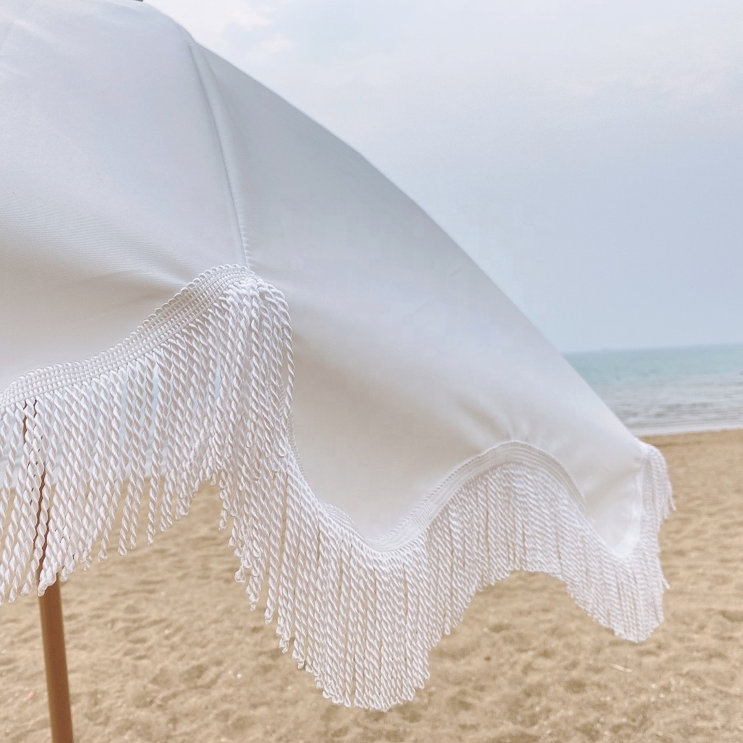 Ovida large outdoor parasol promotional custom logo macrame tassel fringe beach umbrella