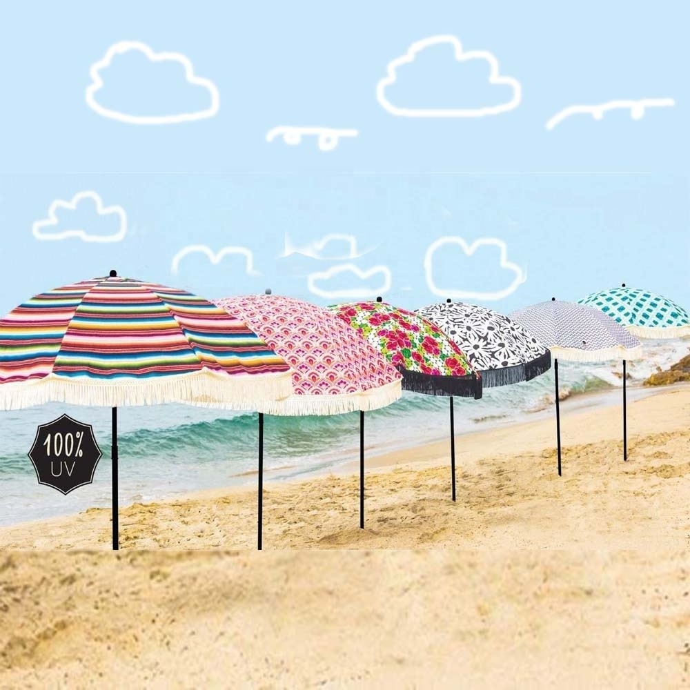 Ovida Beach Umbrella Giant Outdoor Promotional Beach Umbrella Fringe Tassels China Wooden Pole Customer's Logo Beach Umbrella