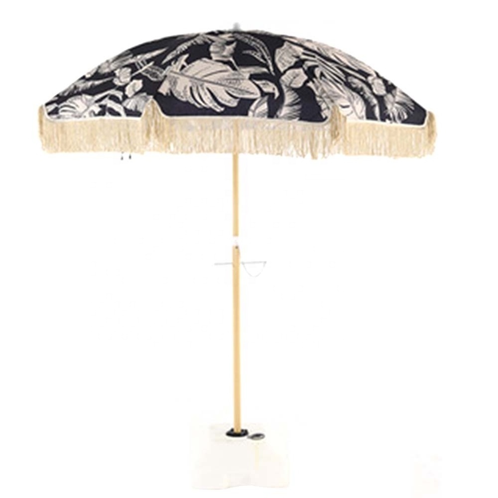 Ovida outdoor wood painting without tilt customized logo printing outdoor beach umbrella with tassels