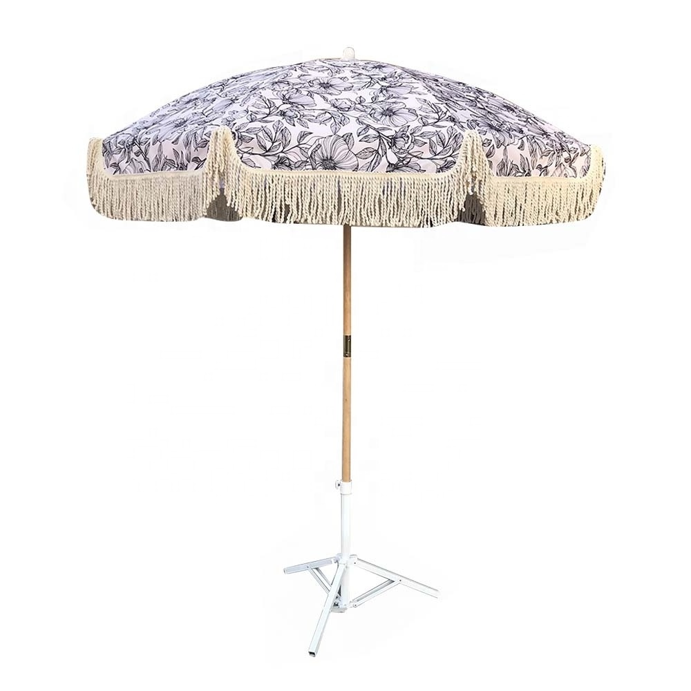 Ovida outdoor wood painting without tilt customized logo printing outdoor beach umbrella with tassels