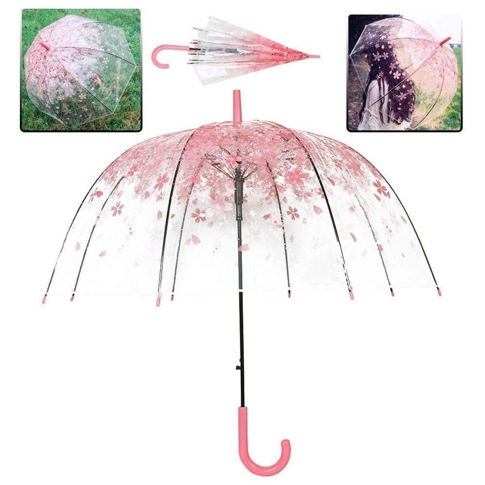 Ovida custom logo prints umbrella clear plastic pvc bubble dome pink sakura umbrella