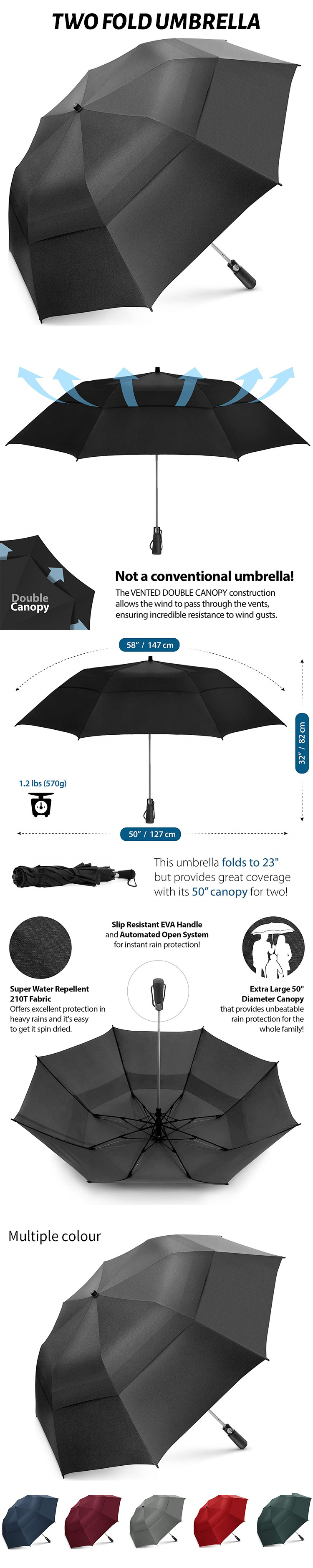 Ovida Wind Resistant Fully-Automatic Umbrella Rain  2 Folding Gift Parasol Compact Large Travel car umbrellas