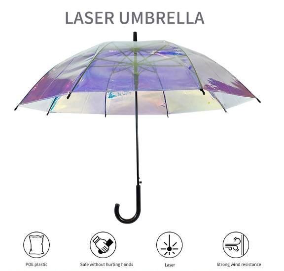 Ovida Laser change color iridescent clear Transparent Umbrella Colorful Gradient Plastic PVC Glitter  Umbrella