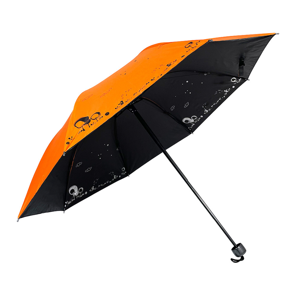 OVIDA 3 folding orange parasol black UV coating with custom silver shinning logo umbrella