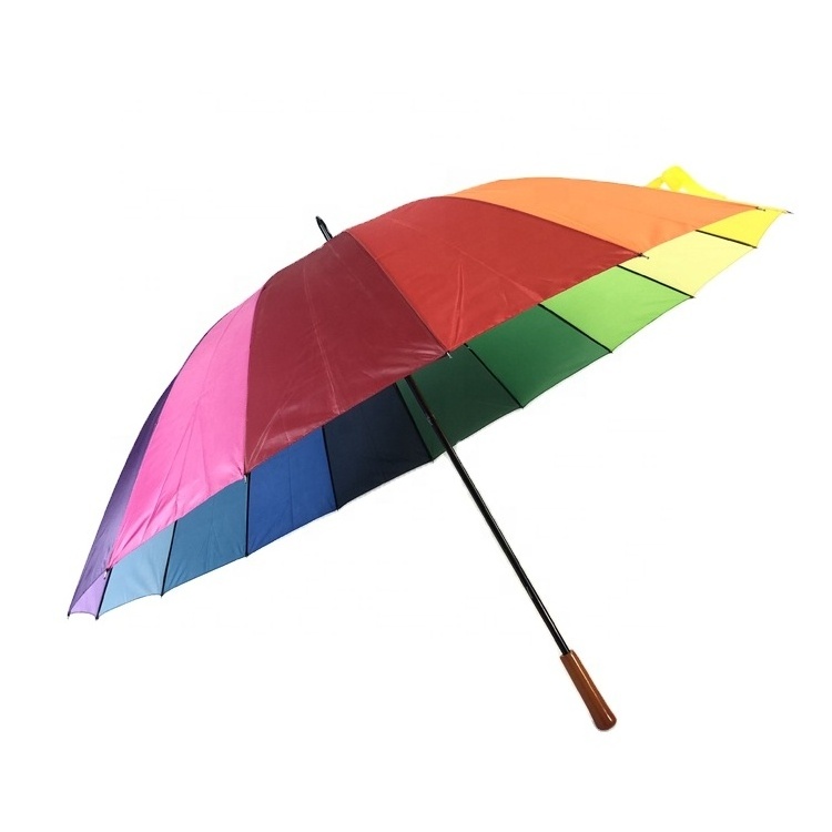 Ovida Chinese Factory 30Inch 16Ribs Wholesale Wooden Handle Metal Frame Rainbow Straight Automatic Open Golf Umbrella