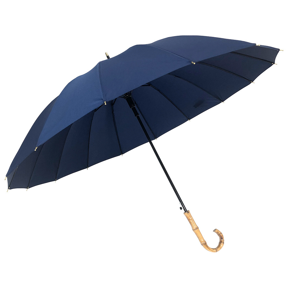 Ovida Bamboo J Shape Handle Straight Umbrella Navy Blue Color With Logo Custom Umbrella