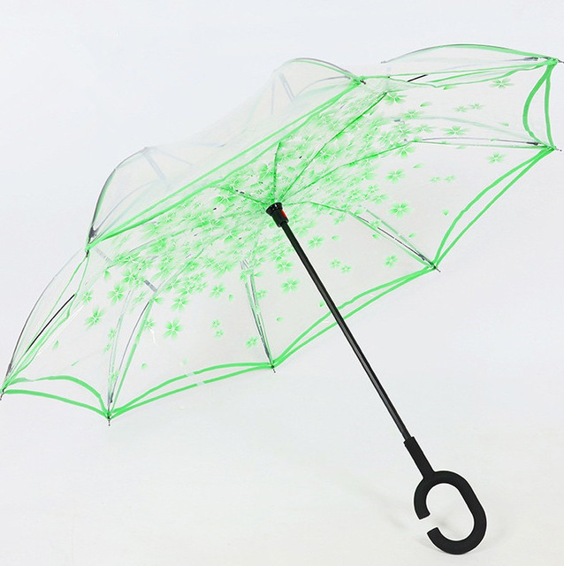 Wholesale Sakura flower reverse inverted transparent poe umbrella with C shape handle umbrella