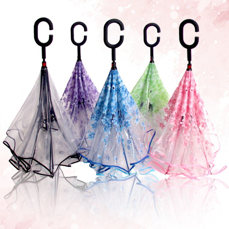 Wholesale Sakura flower reverse inverted transparent poe umbrella with C shape handle umbrella