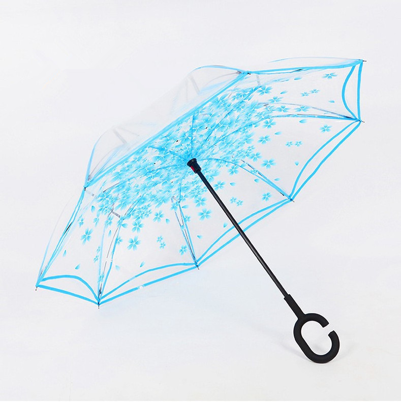 Wholesale Sakura flower reverse inverted transparent poe umbrella with C shape handle umbrella