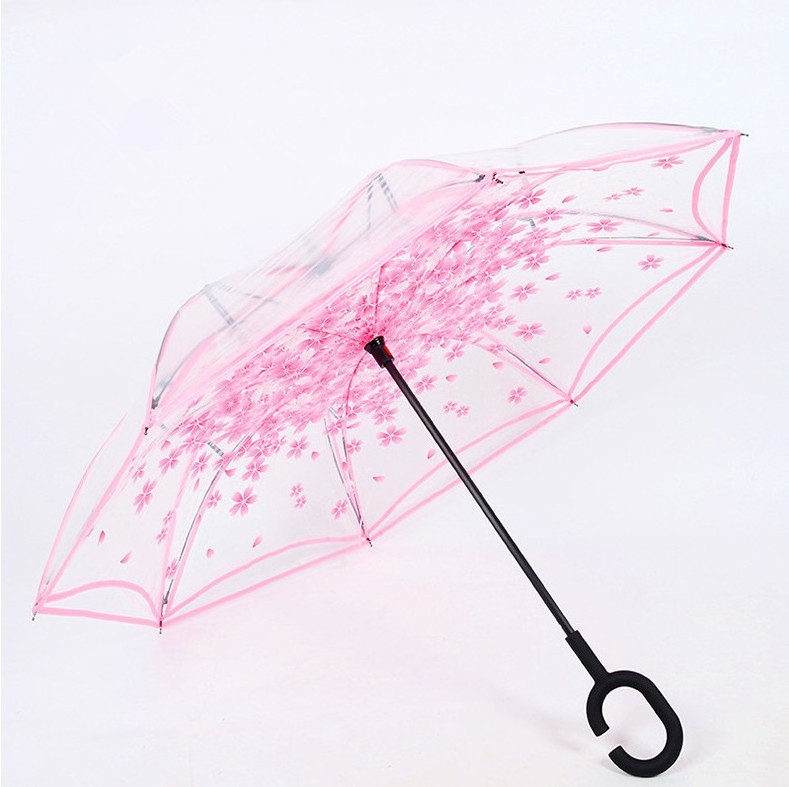 Wholesale Sakura flower reverse inverted transparent poe umbrella with C shape handle umbrella