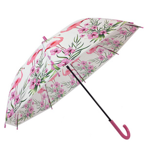 Ovida POE umbrella Most popular straight auto open cheap straight j handle umbrella dome umbrella Flamingo design