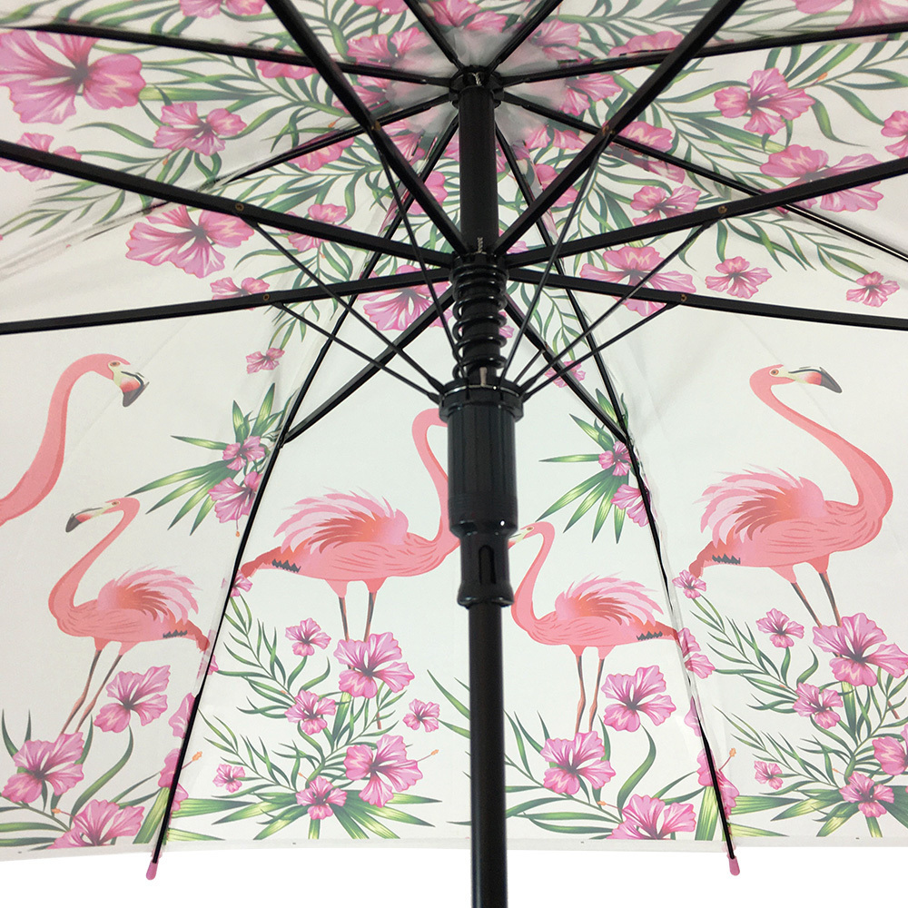 Ovida POE umbrella Most popular straight auto open cheap straight j handle umbrella dome umbrella Flamingo design