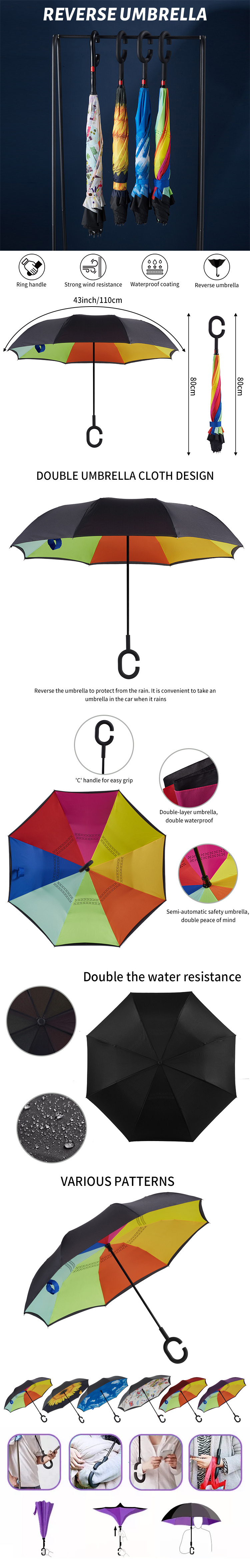 OVIDA Double Layer Reverse Umbrella Rubber C Shape Handle Straight Umbrella