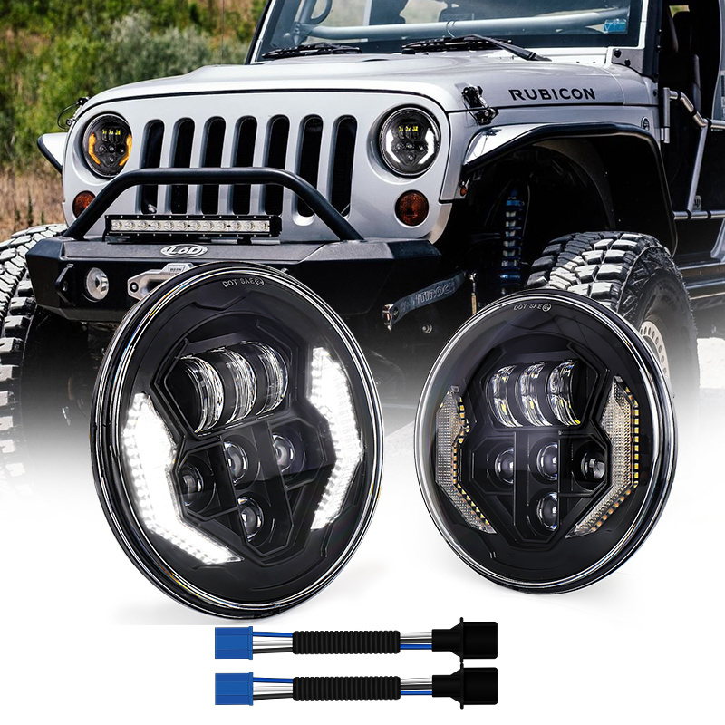 OVOVS 1 Pair 7 Inch LED Headlights with High Low Beam White DRL Amber Turn Signal For 2007-2017 Jeep Wrangler JK