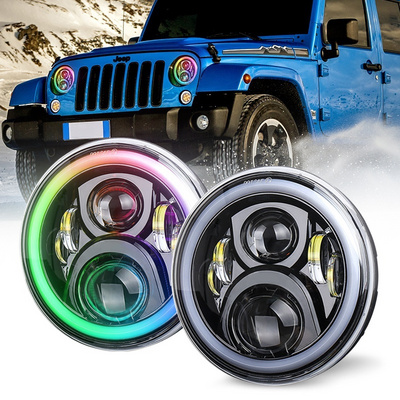 OVOVS Auto Parts 7" Angel Eye LED Headlight with RGB Halo DRL&Turn Signal Headlight for Jeep /Hummer /Jeep Wrang-ler JK