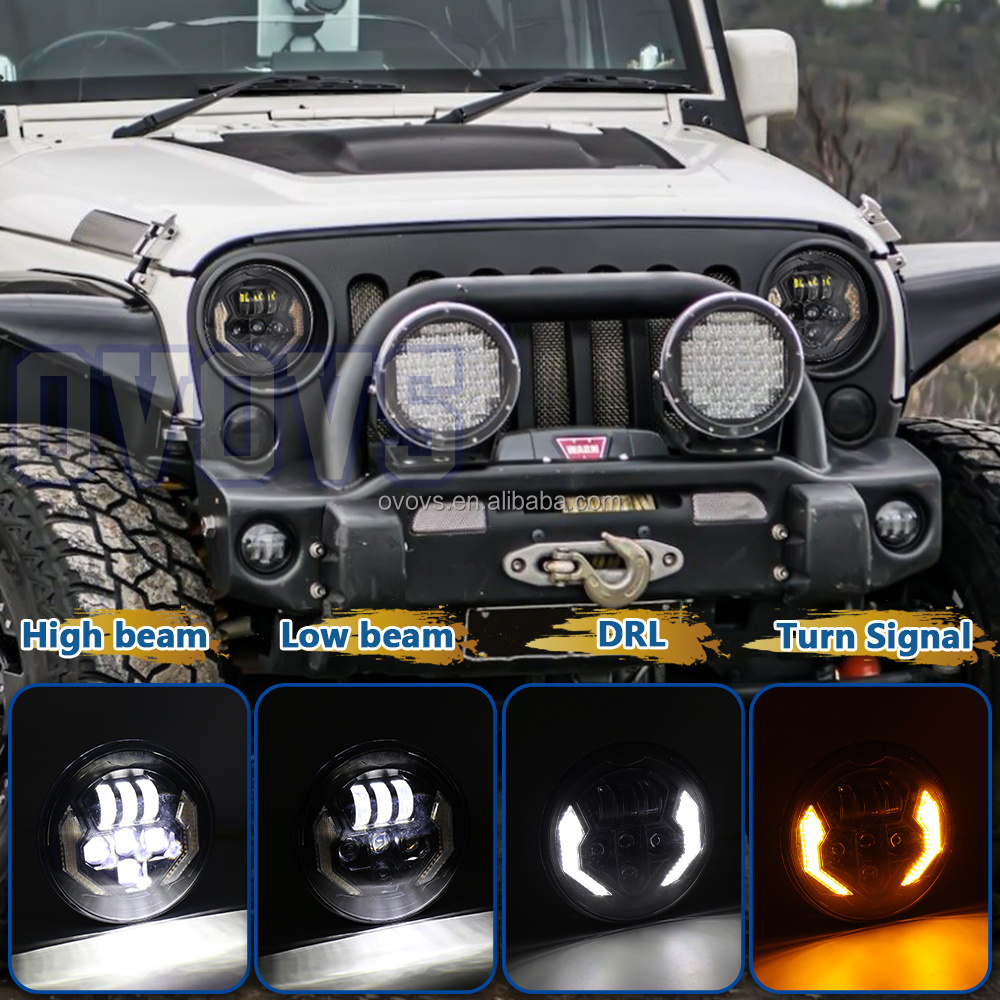 OVOVS 1 Pair 7 Inch LED Headlights with High Low Beam White DRL Amber Turn Signal For 2007-2017 Jeep Wrangler JK