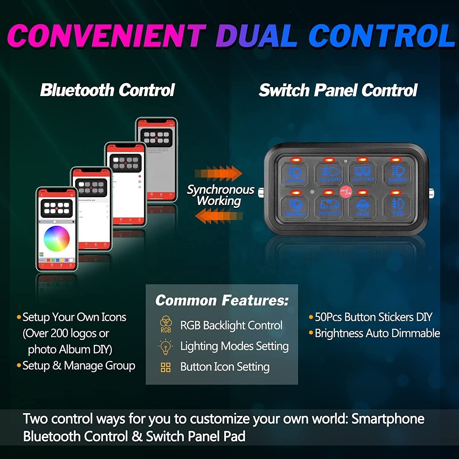 OVOVS auto lighting systems universal accessory marine car waterproof 12v blue-tooth 8 gang switch panel