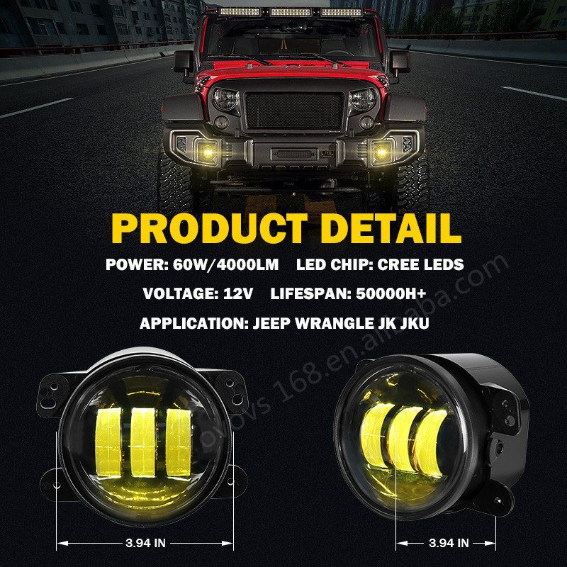 OVOVS Front Bumper Round Fog Driving Lights Yellow Led Chip 4 Inch Fog Lights for 2007-2018 Jeep Wrangler JK