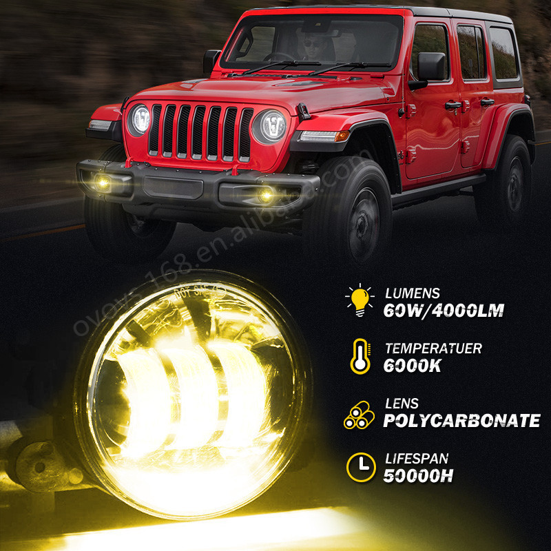 OVOVS Front Bumper Round Fog Driving Lights Yellow Led Chip 4 Inch Fog Lights for 2007-2018 Jeep Wrangler JK