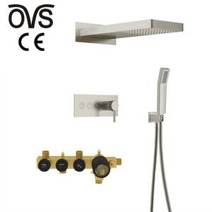 OVS Fashion style Brass Waterfall Rain Shower Faucet 3 Functions Hot Cold Gun Metal Bathroom Shower Set