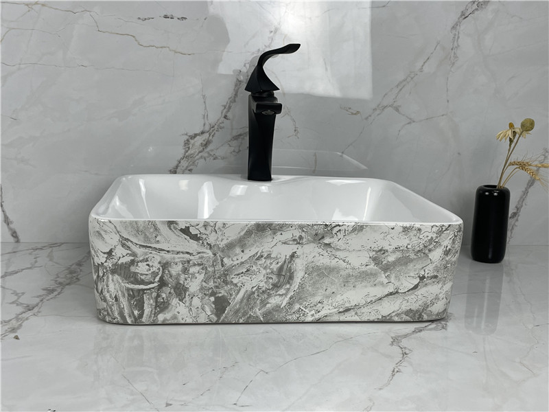 Modern Design Ceramic Sanitary Wares Bathroom Sink Wash Basin Marble Pattern Wash Basin Porcelain Bathroom Sink Marble Top Basin