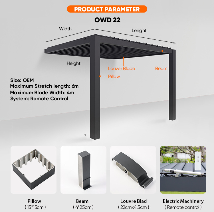 Waterproof Pergola Leisure Garden Motorized Louvered Roof Aluminium Gazebo Outdoor