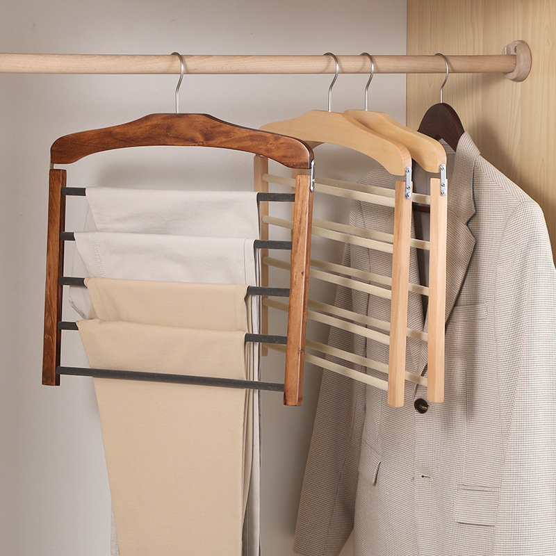 Multifunctional Non-slip Wooden Hanger Flocked Hangers 5 Layers Pants Hangers Space Saving For Closet Organizer