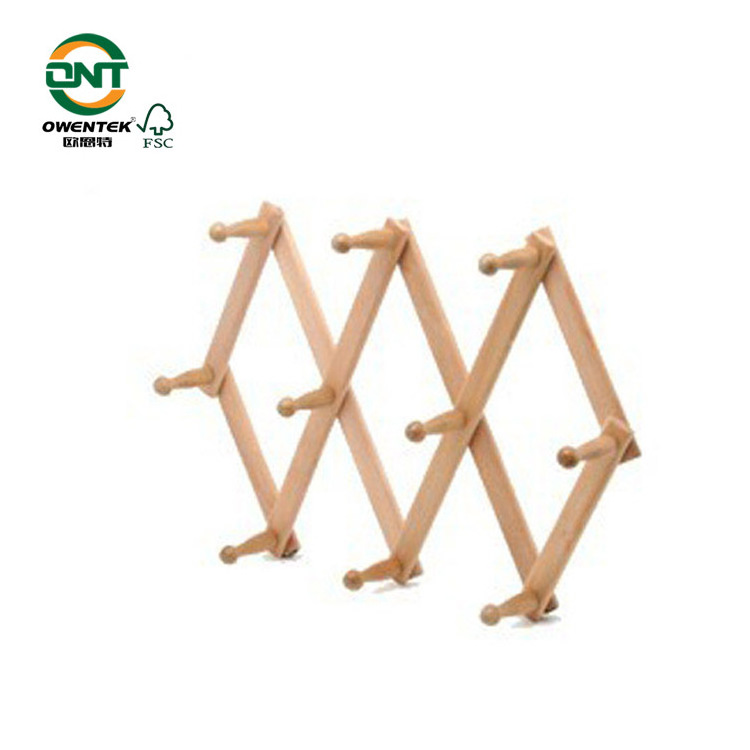 Natural Wood Wall Mounted Coat Hat Expanding Fold Door Multifunction Wooden Hanger Hook