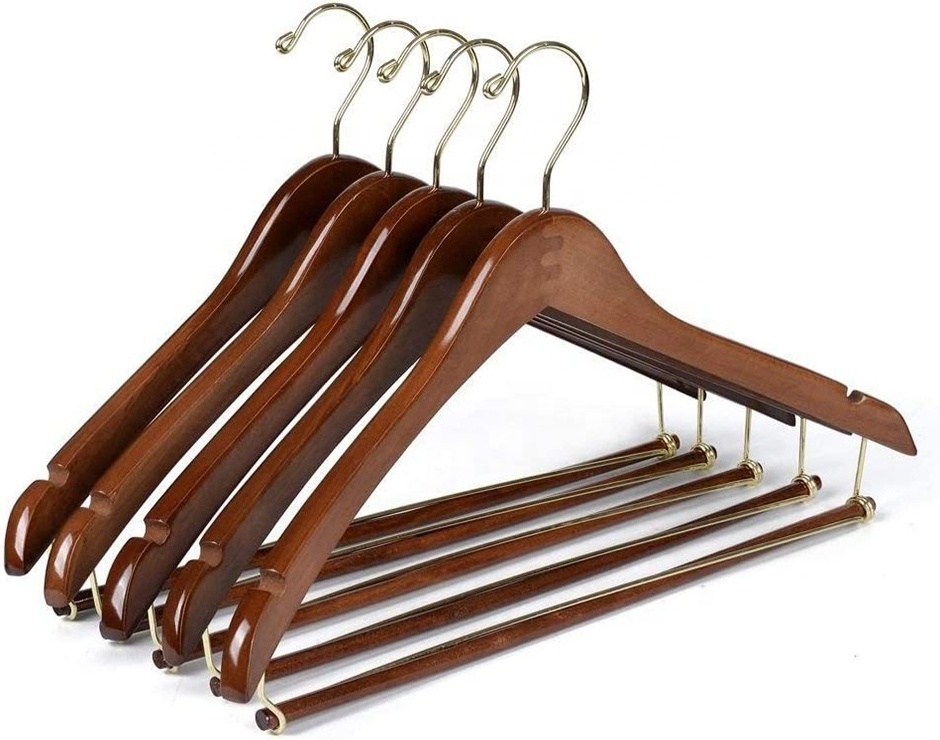 10 Pack Quality Hangers Wooden Hangers Beautiful Sturdy Suit Coat Hangers with Locking Bar Gold Hooks