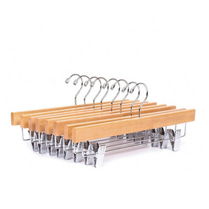 Natural Wooden Pants Hangers Hook Clothes Hangers  with Metal Clips