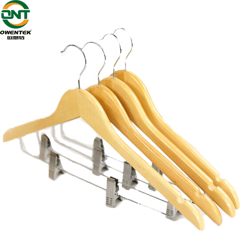 Wholesale Wooden Clothes Hangers Without Hook With Chromed Clips Theft Proof